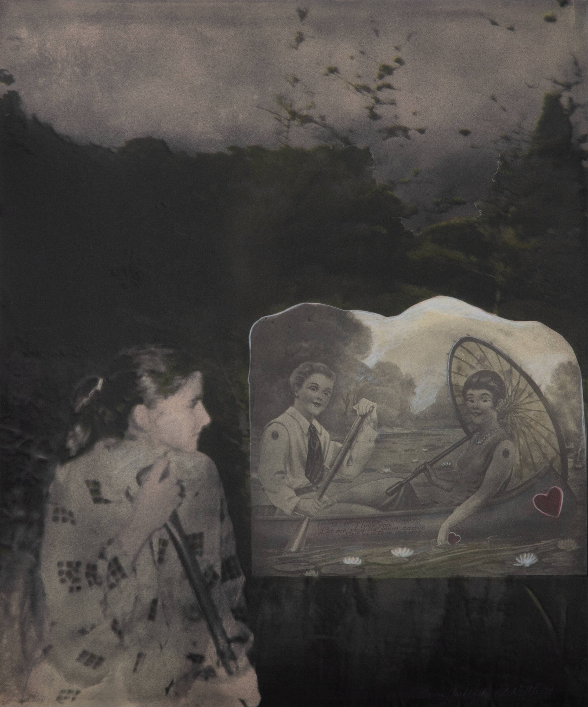 Colleged photography of two a woman looking at two women in a canoe.